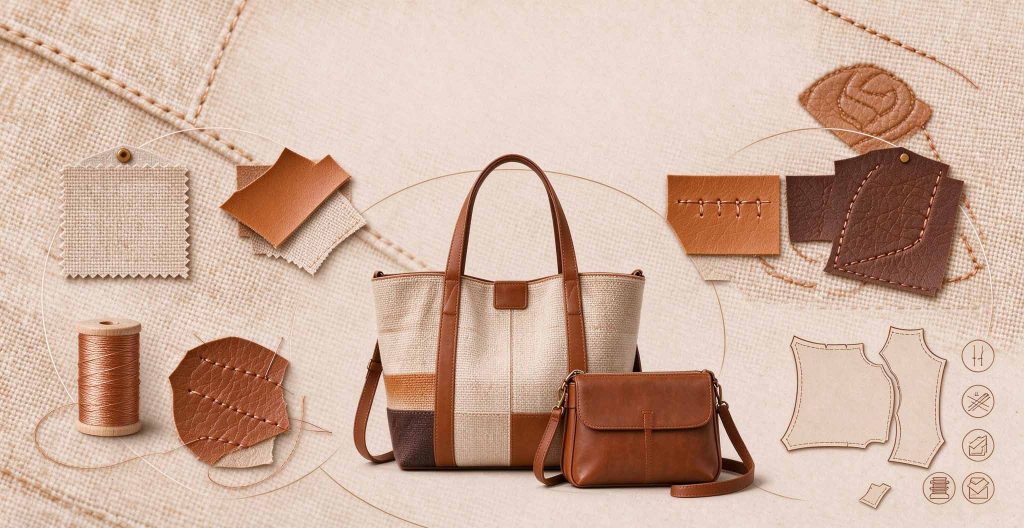 Women’s canvas leather tote bag with matching small pouch and material swatches