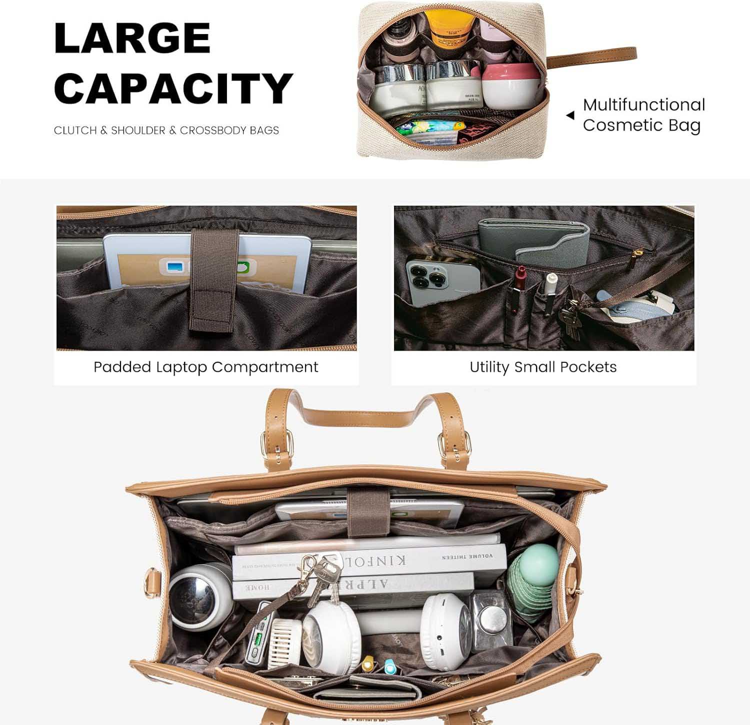 Large capacity interior of canvas tote bag with laptop compartment