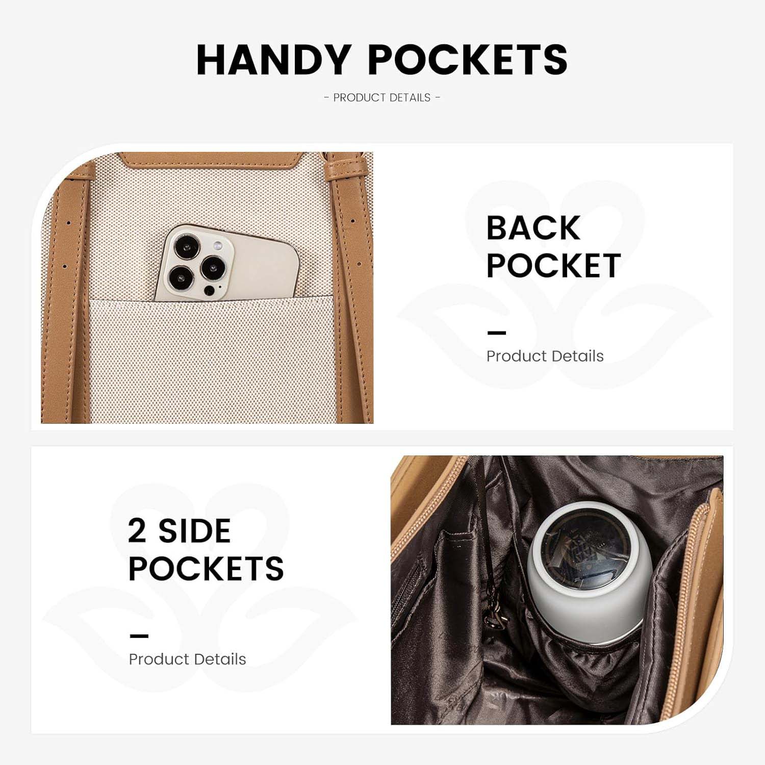 Pocket design of canvas tote bag, back pocket and side pockets