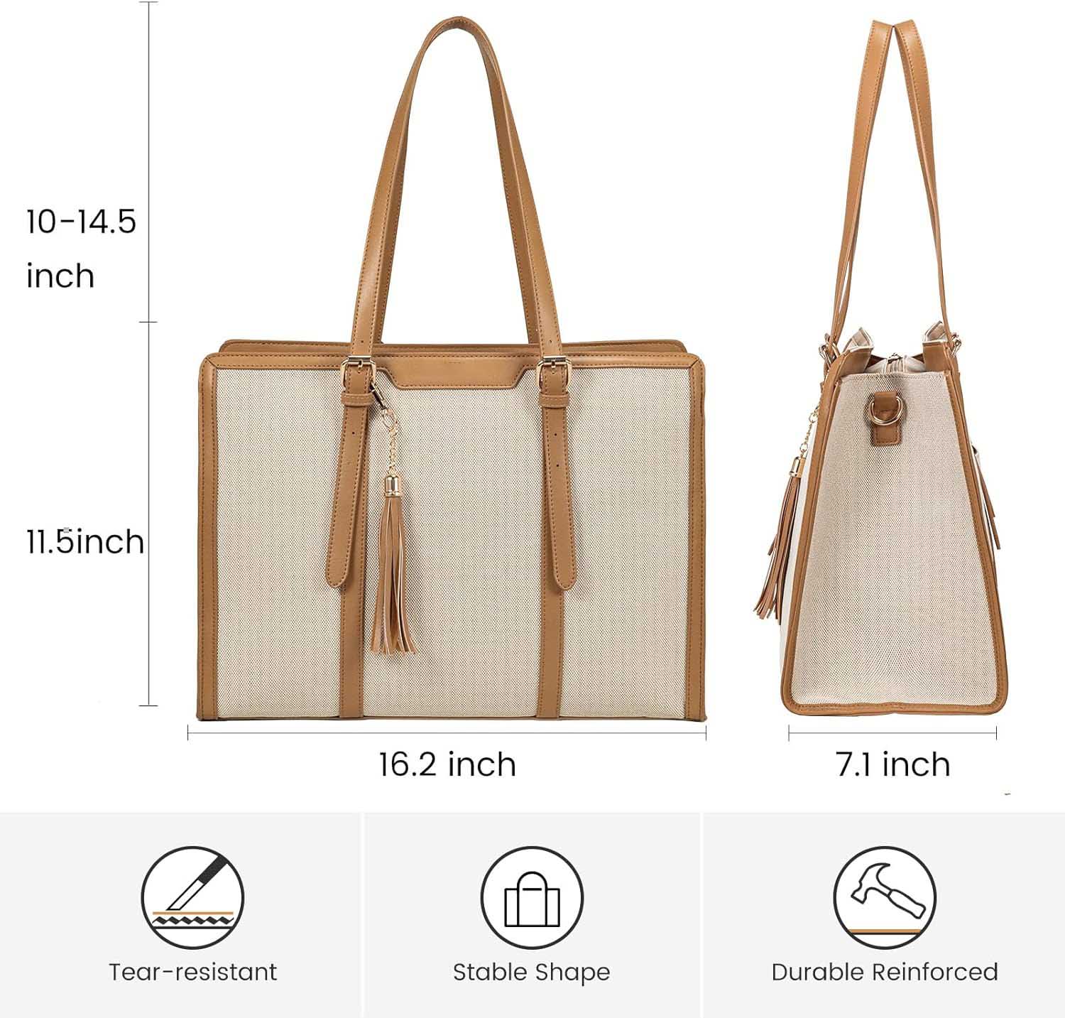 Size dimension chart of canvas leather tote bag, front and side view