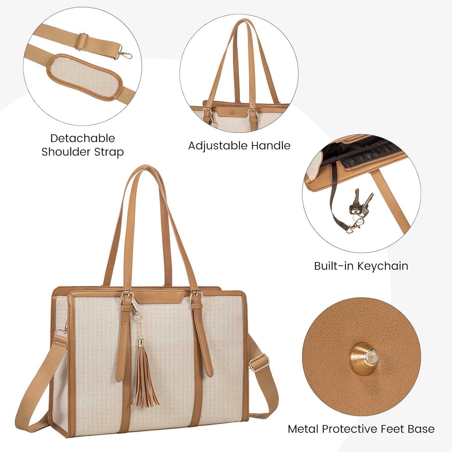 Functional features of canvas tote bag, detachable shoulder strap and metal feet
