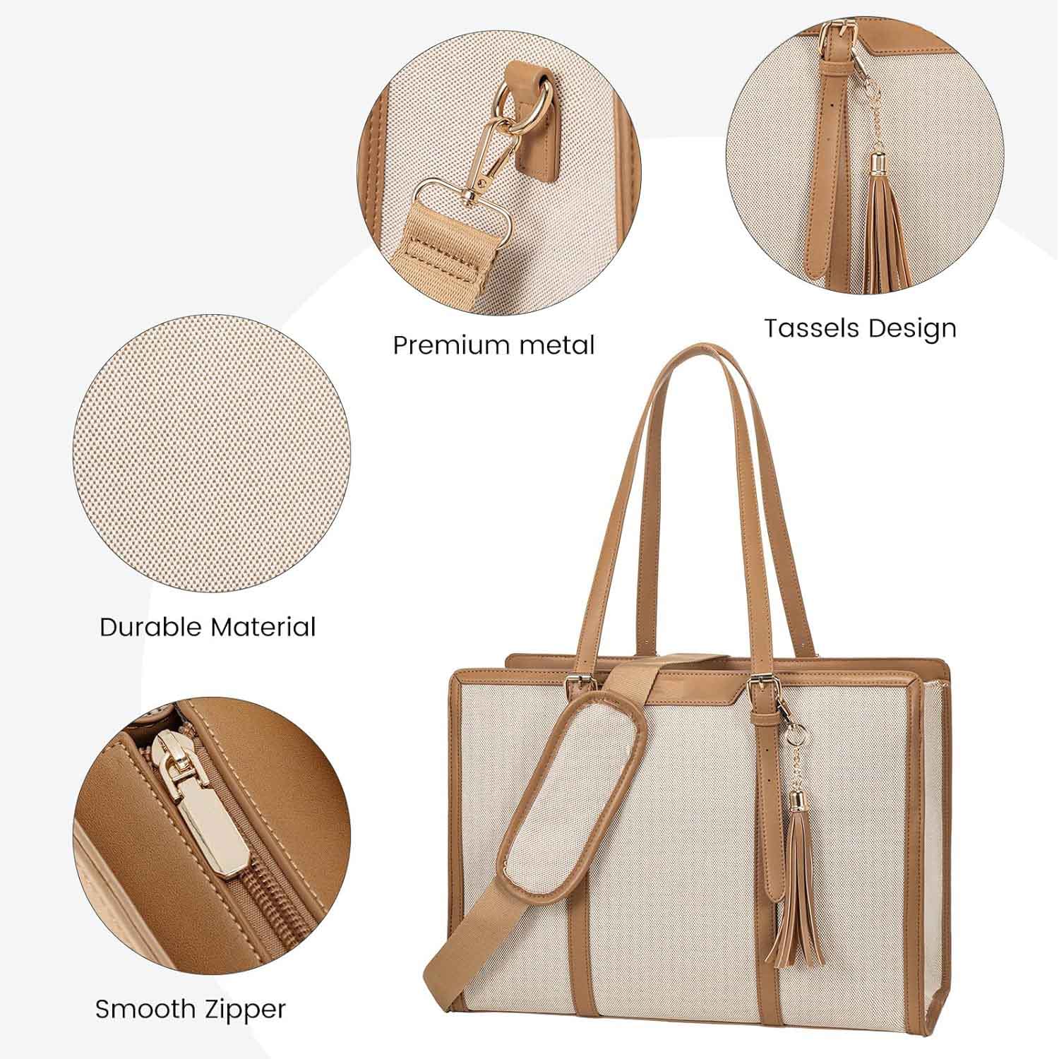 Close-up details of canvas tote bag, material, zipper and tassel
