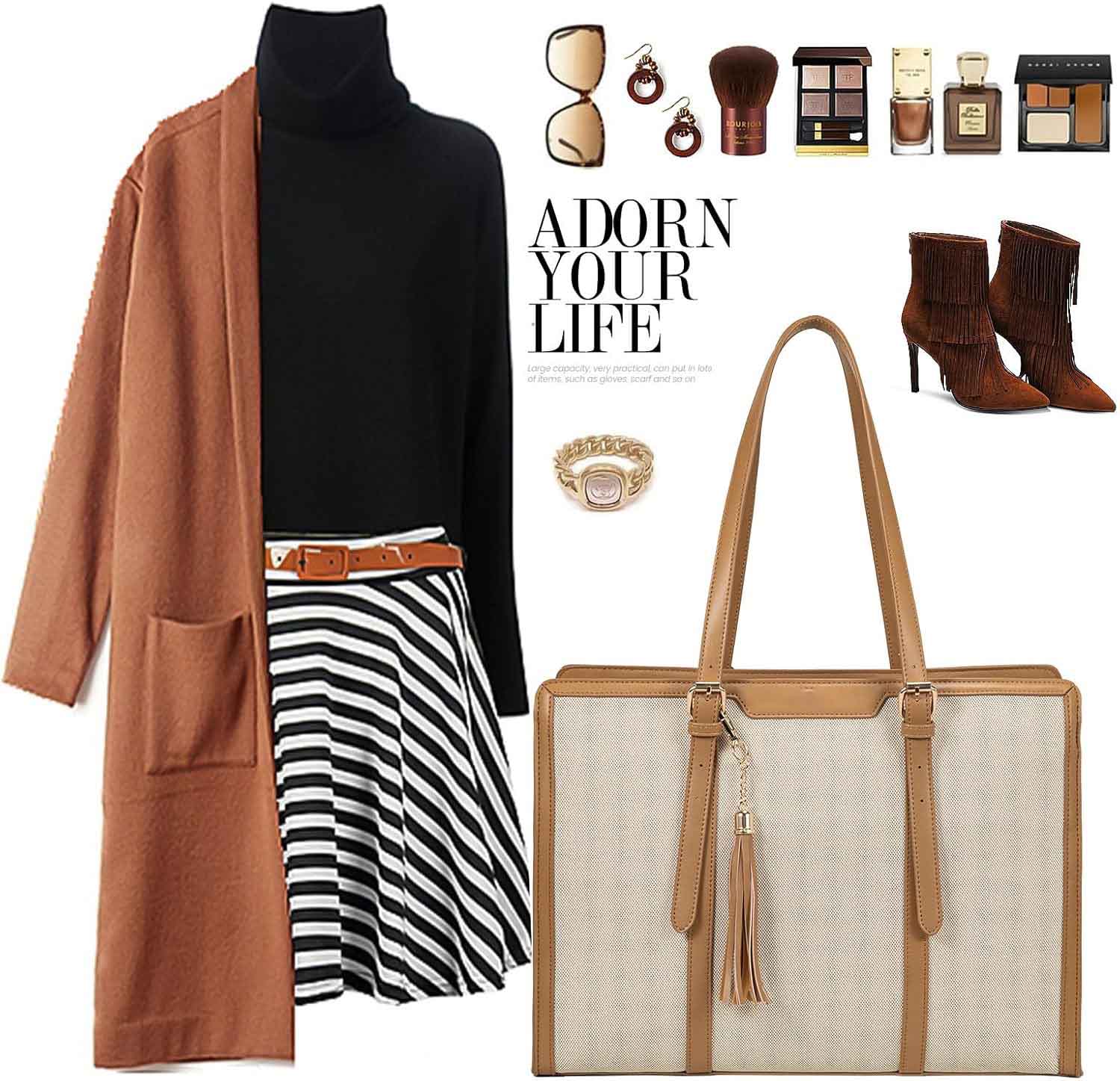 Canvas tote bag matched with women's autumn fashion outfit