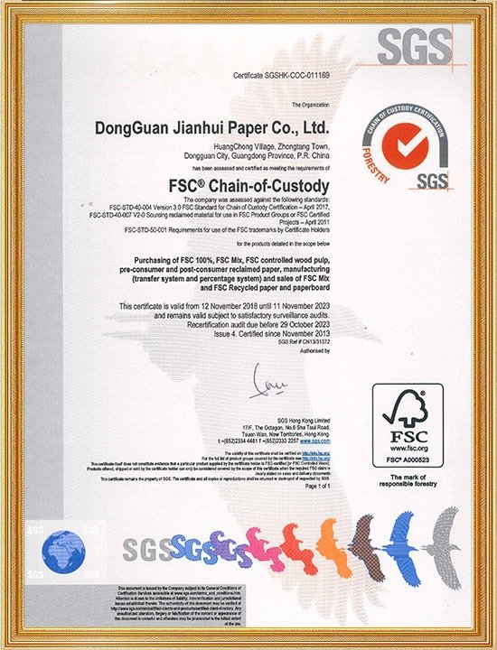 FSC Chain-of-Custody certificate issued by SGS for Dongguan Jianhui Paper