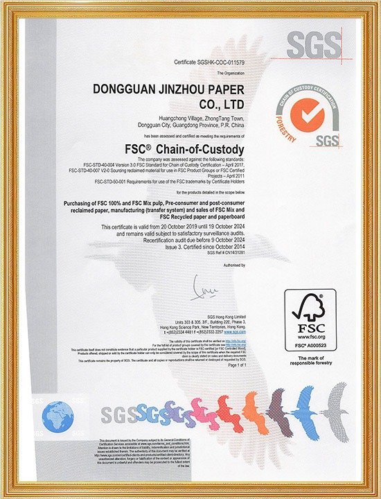 FSC Chain-of-Custody certificate issued by SGS for Dongguan Jinzhou Paper