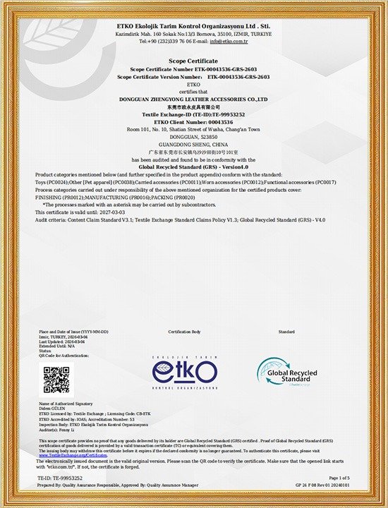 GRS Global Recycled Standard certificate issued by ETKO, recycled material compliance document