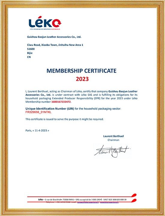 Léko EPR membership certificate for French packaging extended producer responsibility