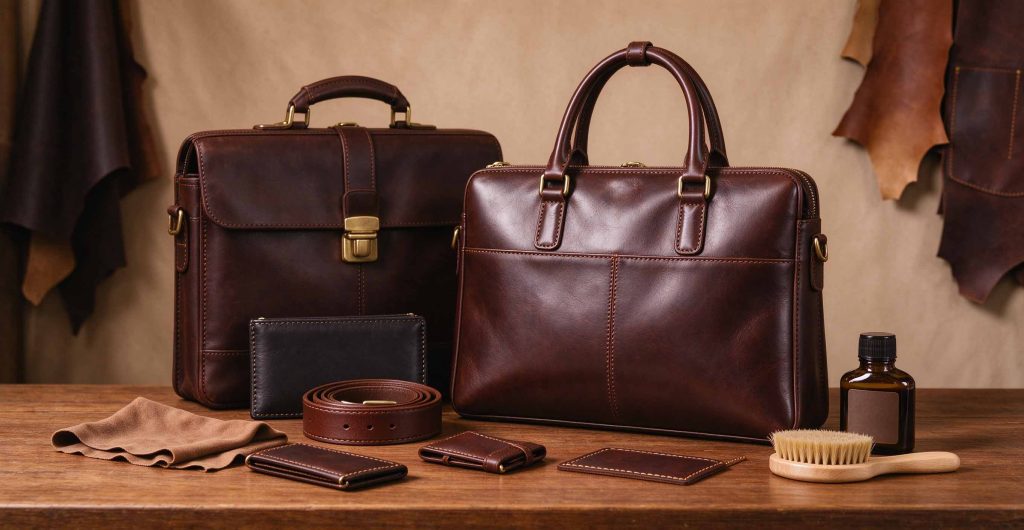 Dark brown leather business briefcase and leather accessories