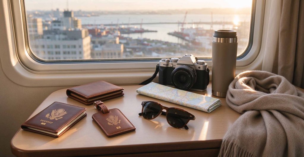 Leather travel accessories arranged by train window with camera and map
